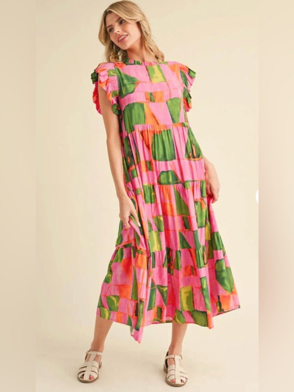 🔴JODIFL Pink, Green & Orange Abstract Maxi Dress🔴